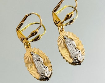 18k Gold Filled Our Lady of Guadalupe Earrings: Religious CZ Jewelry
