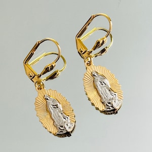 Pendientes Nuestra Señora de Guadalupe, Pendientes Virgen María, Pendientes Santo Rellenos de Oro 18k, Pendientes Religiosos Zirconia Cúbica, Joyería Virgen María