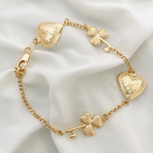 Heart Bracelet, Clover Key Bracelet, Luck & Love Bracelet, 18k Gold Filled Charm Bracelet, Love Jewelry, Anniversary Gift, Mothers Day Gift