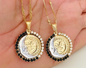 Gold Sun and Moon Necklace: Celestial Pendant, 18k Gold Filled