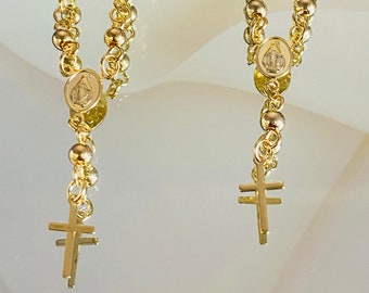 Virgin Mary Earrings, Rosary Earrings, 18k Gold Filled Catholic Earrings, Gold Crucifix Earrings, Beaded Dangle Earrings, Religious Jewelry