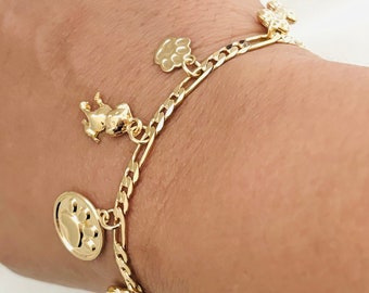 18K Gold Filled Pet Paw Charm Bracelet: Figaro Chain, Dog Mom Gift
