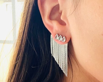 Gold Filled Tassel Earrings: Waterfall Fringe Ear Jacket