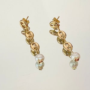 Mariner Puff Chain Earrings, Puffed Mariner Drop Earrings, Chain Link Earrings, Pearl Bead Earrings, Gold Dangle Earrings
