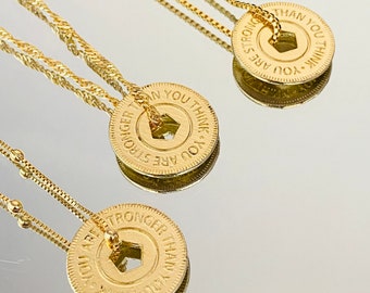 You Are Stronger Than You Think Necklace, Strength Necklace, Warrior Necklace, 18k Gold Filled Inspirational Coin Necklace, Positive Jewelry