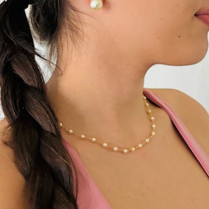 Gold Filled Pearl Necklace, Ball Chain Necklace, Pearl Choker, Gold Pearl Necklace. Pearl Necklace, Pearl Link Necklace