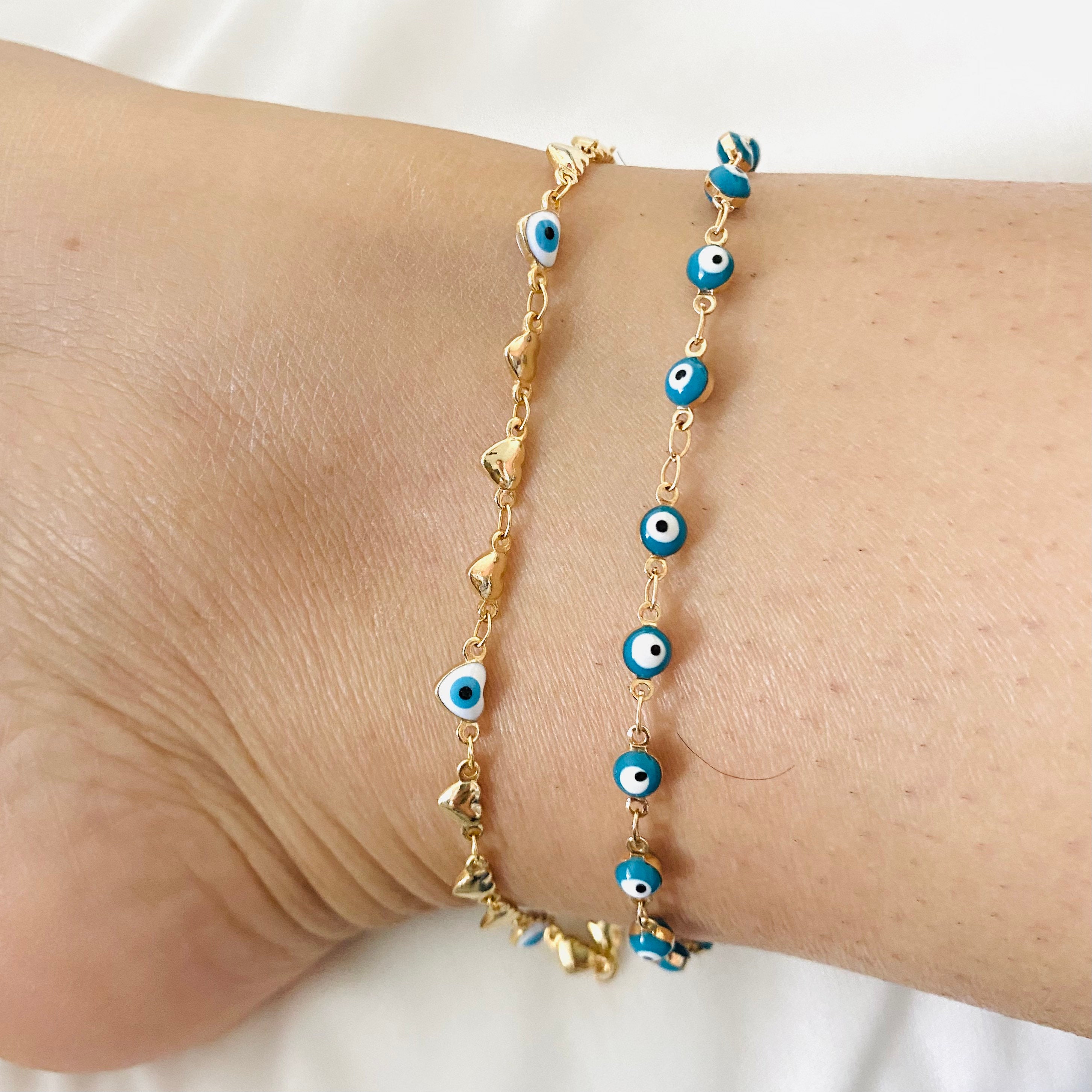 Beaded evil eye anklet in 14k gold discount