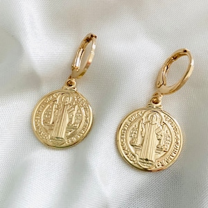 St Benedict Medal, Gold Coin Earrings, St Benedict , 18k Gold Filled Hoops, Religious Jewelry, Dangle Earrings, Tiny Hoops, Small Hoops