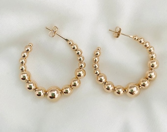 Handmade Gold Beaded Hoop Earrings: Boho Ball Earrings