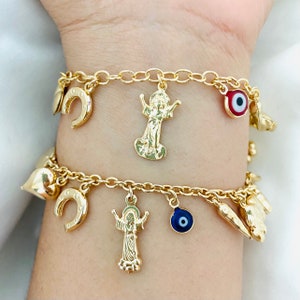 Lucky Charm Protection Bracelet, Evil Eye Bracelet, 18K Gold Filled Charm Bracelet, Good Luck Bracelet, Money Bracelet, Religious Bracelet