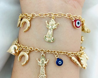 Lucky Charm Protection Bracelet, Evil Eye Bracelet, 18K Gold Filled Charm Bracelet, Good Luck Bracelet, Money Bracelet, Religious Bracelet