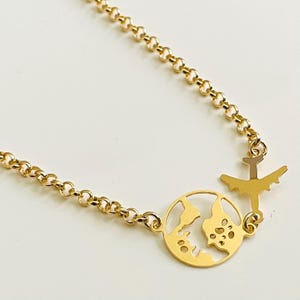 Gold Airplane World Map Necklace: Travel Jewelry Gift