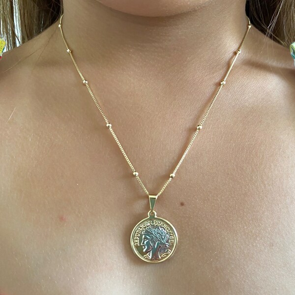 Coin Charm Necklace, Two-Tone Quarter Necklace, French Republic Coin Necklace, 18k Gold Filled Charm Necklace