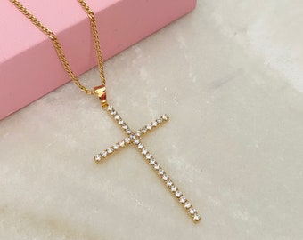 Collana con croce in zirconi cubici, ciondolo con crocifisso, collana con croce grande, collana con croce in oro, collana con croce, collana a strati, regalo cattolico