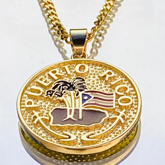 Gold Plated Puerto Rico Flag Medal Pendant & 13mm 16