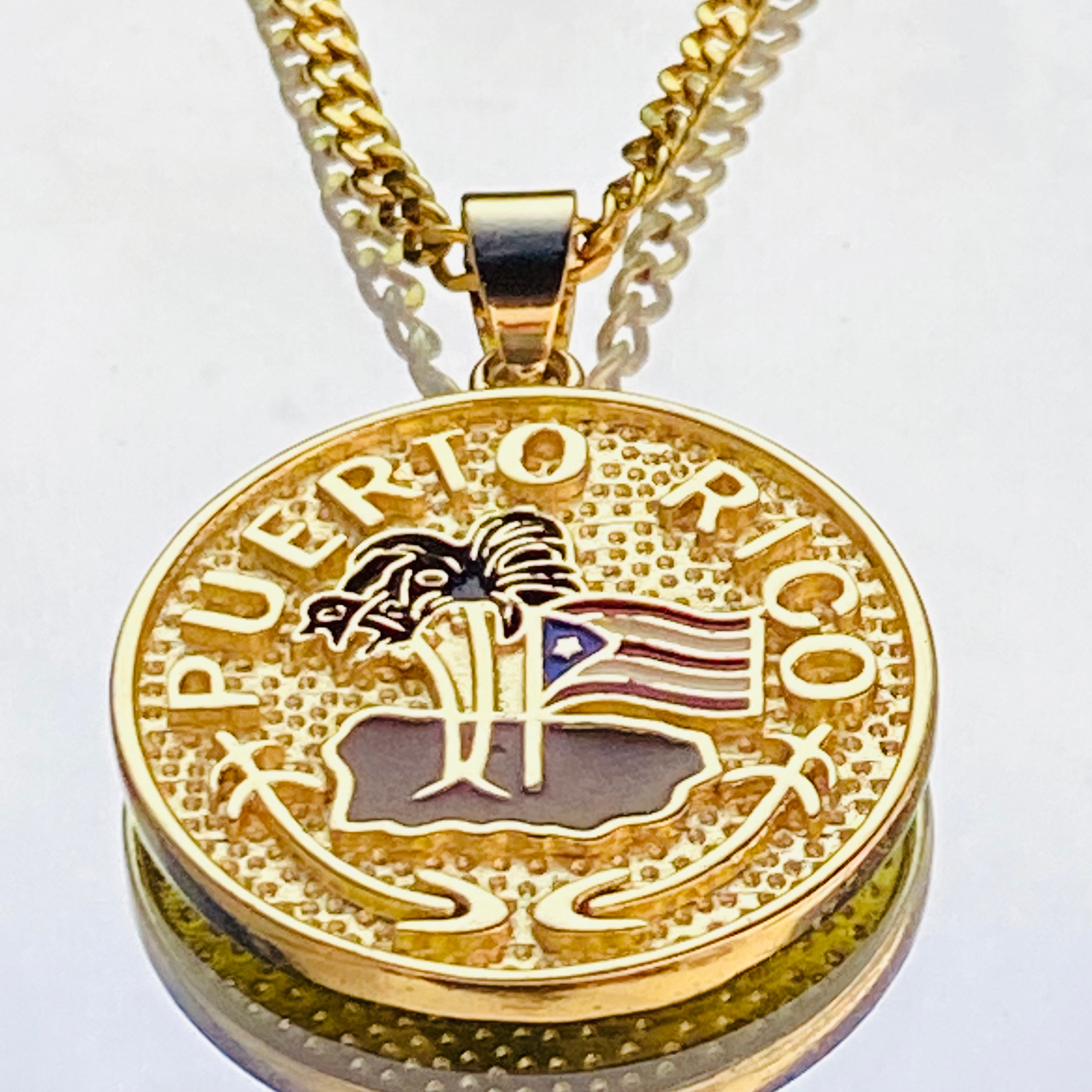 10K Yellow Gold Round CZ Puerto Rico Flag Round Pendant Charm Free Chain  Box | eBay