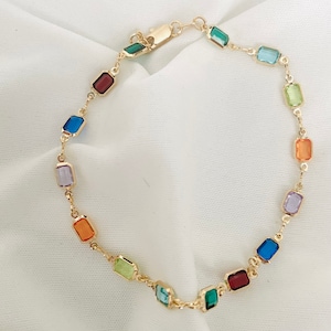 Multicolor Cubic Zirconia Stone Anklet, Colorful Stone Anklet, Rectangular Crystal Anklet, 18k Gold Filled Anklet, Colorful Anklet
