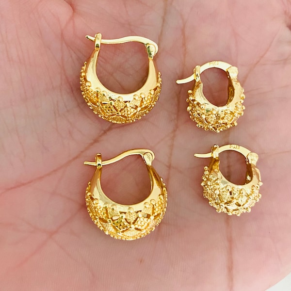 Designed Basket Earrings, Chunky Gold Hoops, Bold Hoop Earrings, Round Basket Hoop Earrings, Vintage Hoop Earrings, Gold Filled Hoops