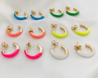 Neon Enamel Hoop Earrings, Colorful Huggie Hoops, Small Enamel Hoops, 18K Gold Filled Earrings, Summer Jewelry, Earrings for Girls