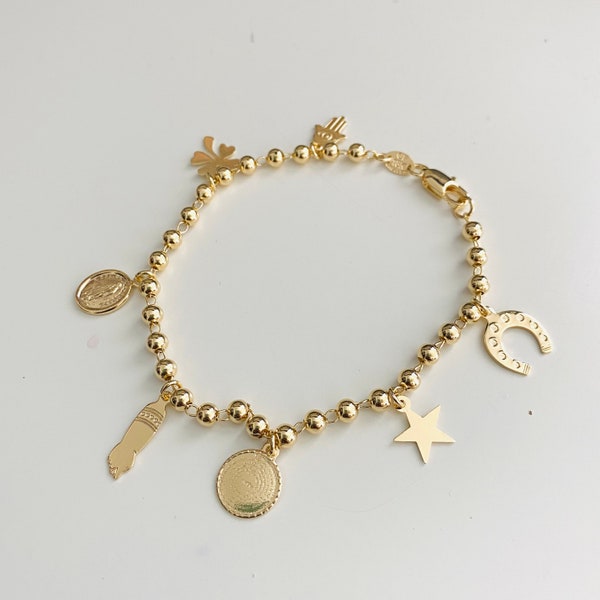 Lucky Charm Bracelet, Religious Charm Bracelet, Multi-Charm Bracelet, 18k Gold Filled Beaded Bracelet, God Luck Protection Bracelet