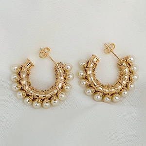 18K Gold Filled Pearl Hoop Earrings: Beaded Handmade Hoops