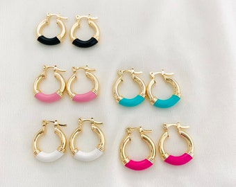 Small Enamel Hoop Earrings: 18K Gold Filled Huggie Hoops