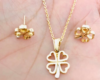 18k Gold Filled Four Leaf Clover Necklace and Earrings Set