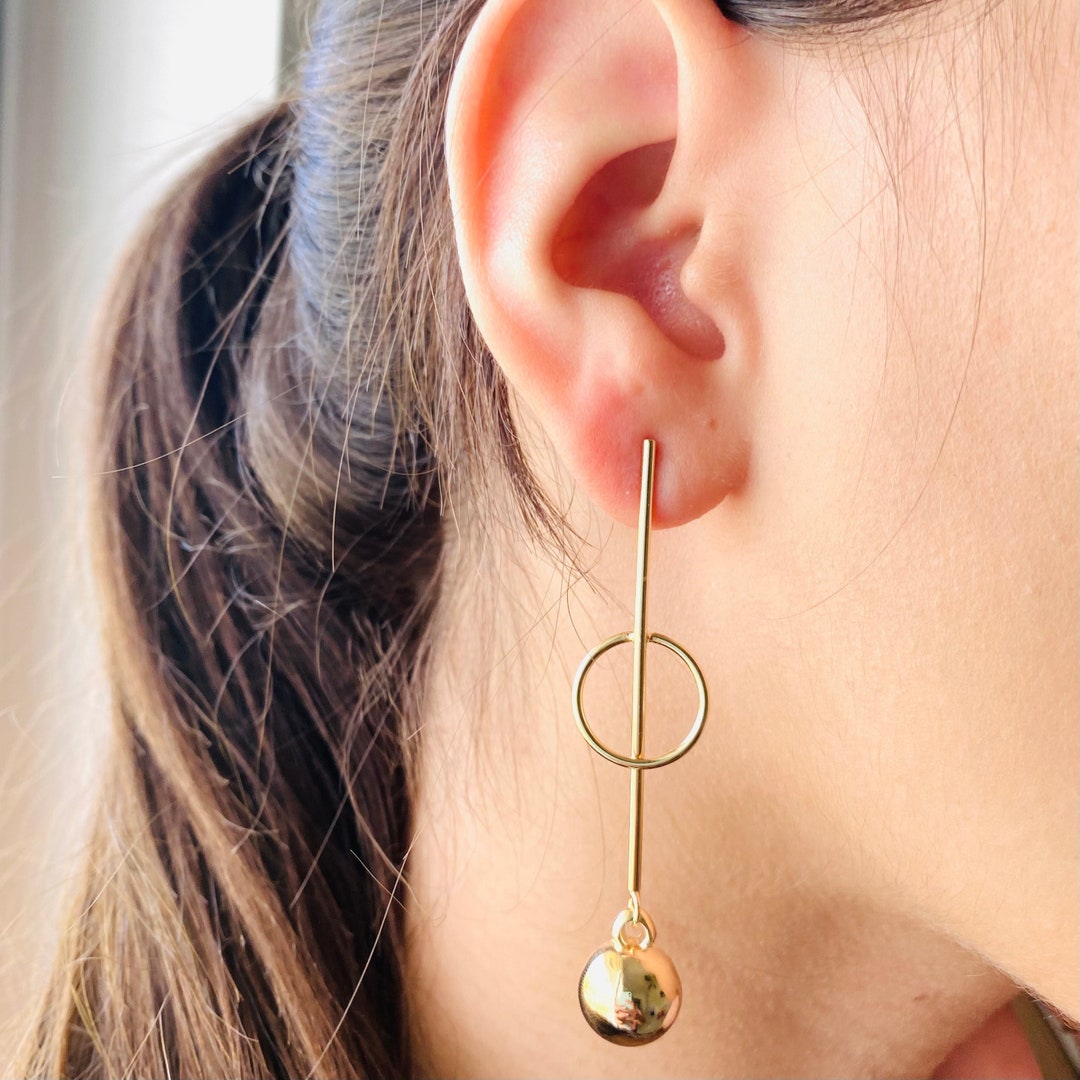Ball Dangle Earrings, Golden Drop Bar Hoop Earrings, Hanging Ball