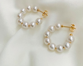 Gold Pearl Hoops, Pearl hoop Earrings, Pearl Hoops, Gold Pearl Earrings, Beaded Hoop Earrings, Beaded Earrings, Gold Hoop Earrings, Pearl