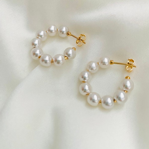 Gold Pearl Hoops, Pearl hoop Earrings, Pearl Hoops, Gold Pearl Earrings, Beaded Hoop Earrings, Beaded Earrings, Gold Hoop Earrings, Pearl