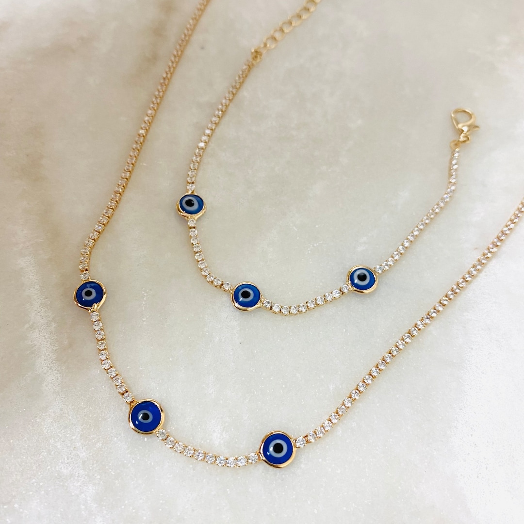 Turkish Eye Jewelry Set, Evil Eye Necklace, Evil Eye Bracelet, Lucky