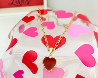 Red Heart Necklace, Heart Necklace, Paperclip Link Necklace, Heart Charm Necklace, Mothers Day Gift, Valentines Day Gift, Gift for Her