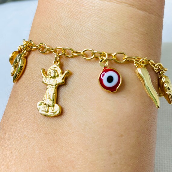 14K Gold Plated Red Evil Eye Lucky Bracelet – Murano Glass Charm – 7.25 Inches – Made In Brazil