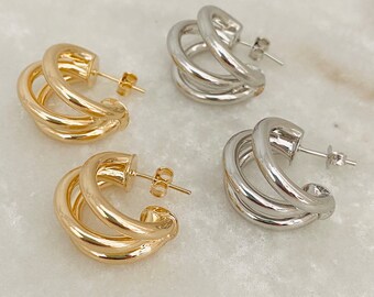 Triple Hoops, Thick Hoop Earrings, Silver Hoop Earrings
