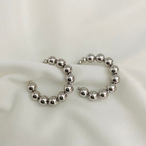 Small Silver Ball Hoop Earrings: Modern Beaded Hoops (33mm)
