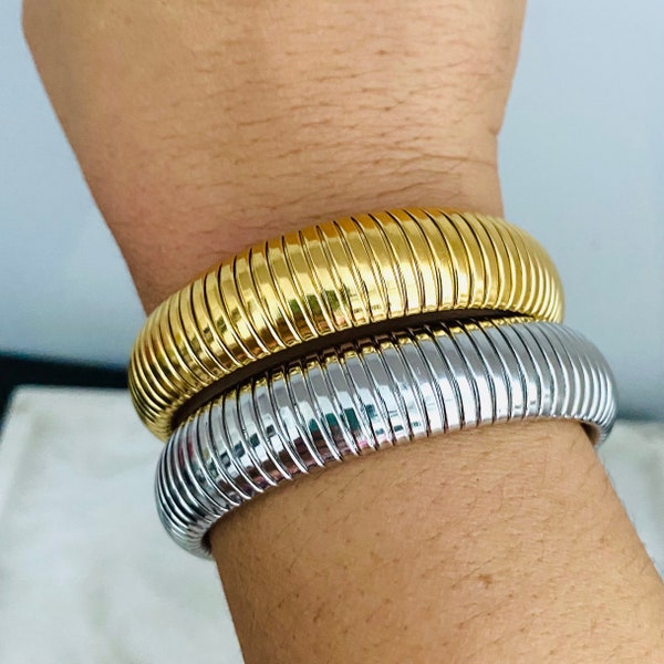 Flexible Snake Bracelet, Gold Elastic Bangle Bracelet, Chunky Bangle Bracelet, Herringbone Bracelet, Silver Elastic Bangle Bracelet