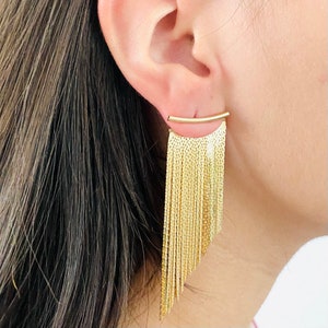 Gold Fringe Earrings, Long Dangle Earrings, Ear Jacket Earrings, Gold Tassel Earrings, Fringe Tassel Earrings, Chandelier Earrings, Fringe