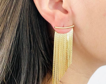 Gold Fringe Earrings, Long Dangle Earrings, Ear Jacket Earrings, Gold Tassel Earrings, Fringe Tassel Earrings, Chandelier Earrings, Fringe