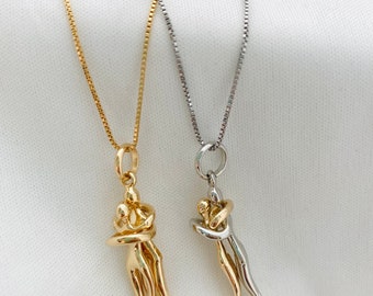 Hugging Couple Necklace, Lovers Necklace, Dancing Couple Necklace, 18K Gold Filled Couple Pendant Necklace, Anniversary Gift, Wedding Gift
