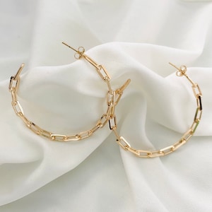 Gold Paperclip Hoops, Large Paperclip Hoop Earrings, 18k Gold Filled Rectangle Link Hoops, Chain Link Hoops, Open Back Hoops, Stud Hoops