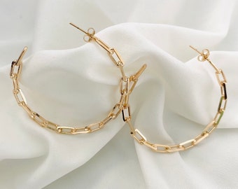 Gold Paperclip Creolen, große Paperclip Creolen, 18k Gold Filled Rechteck Link Creolen, Kettenglied Creolen, Creolen mit offenem Rücken, Stud Creolen