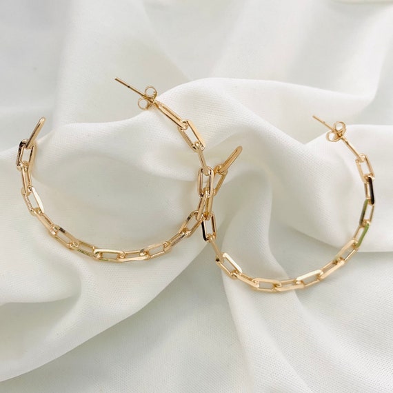 Gold Paperclip Hoops, Large Paperclip Hoop Earrings, 18k Gold Filled Rectangle Link Hoops, Chain Link Hoops, Open Back Hoops, Stud Hoops