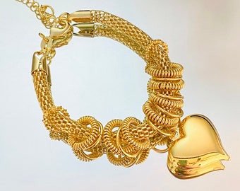 Heart Bracelet, Gold Mesh Bracelet, Heart Pendant, Charm Bracelet, Gold Bracelet, Love Bracelet, Chunky Gold Bracelet, Statement Bracelet,