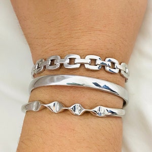 Rhodium Plated Silver Bangle: Square Link, Wavy, Plain Cuff