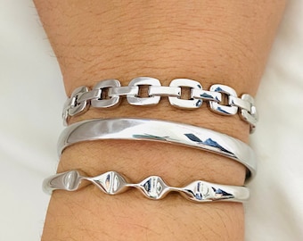 Brazalete de plata rodiada: eslabón cuadrado, ondulado, liso