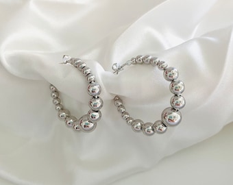 Silver Beaded Hoops, Ball Hoop Earrings, Medium Silver Hoops, Silver Open Hoop Earrings, Bead Hoops, Boho Hoops, Trending Hoops