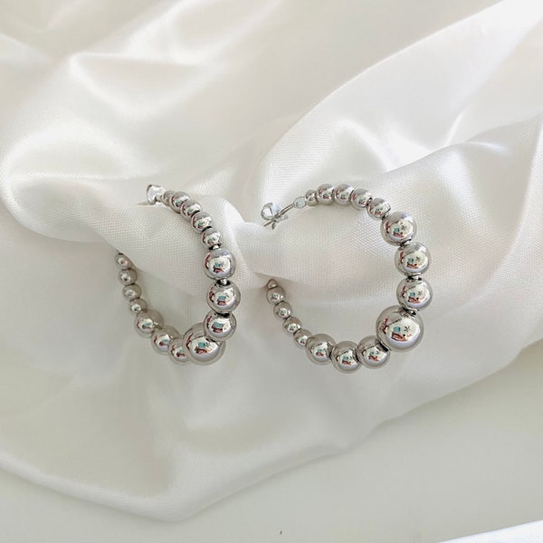 Silver Beaded Hoops, Ball Hoop Earrings, Medium Silver Hoops, Silver Open Hoop Earrings, Bead Hoops, Boho Hoops, Trending Hoops