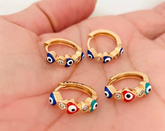 Evil Eye Hoop Earrings, Evil Eye Earrings, Clip On Hoop Earrings, Evil Eye Hoops, Heart Earrings, Huggie Hoop Earrings, Multicolor Hoops