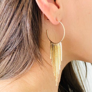 Gold Fringe Hoop Earrings: 18k Gold Filled Dangle Tassel