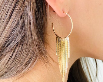 Gold Fringe Hoop Earrings: 18k Gold Filled Dangle Tassel